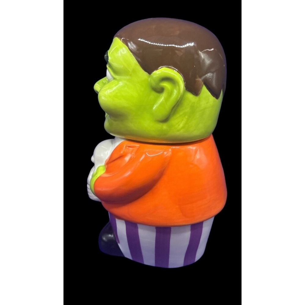 Halloween Frankenstein Monster Ceramic Cookie Jar Skull Green Orange Purple - Picture 7 of 9